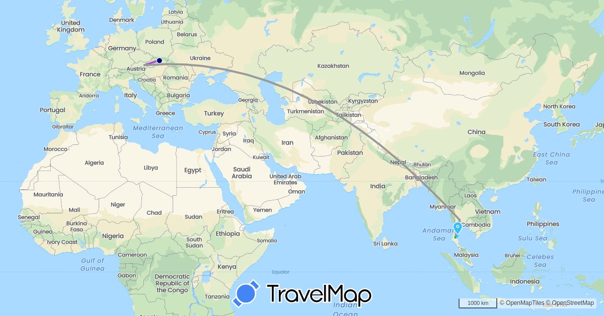 TravelMap itinerary: driving, bus, plane, train, boat in Austria, Slovakia, Thailand (Asia, Europe)